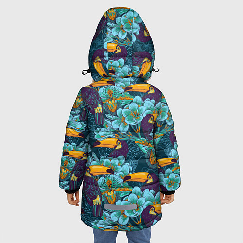 Зимняя куртка для девочки Узор цветы с туканом / 3D-Черный – фото 4