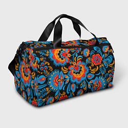 Спортивная сумка Хохломская роспись разноцветные цветы на чёроном ф