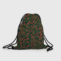 Рюкзак-мешок Красные ягоды на темно-зеленом фоне, цвет: 3D-принт