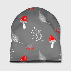 Шапка Грибочки на сером фоне, паттерн, цвет: 3D-принт