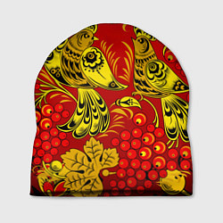 Шапка Хохломская Роспись Две Птици На Красном Фоне, цвет: 3D-принт