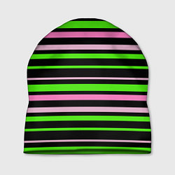 Шапка Полосаты узор в зелено-розовых оттенках на черном, цвет: 3D-принт