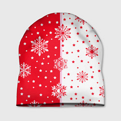 Шапка Рождественские снежинки на красно-белом фоне, цвет: 3D-принт