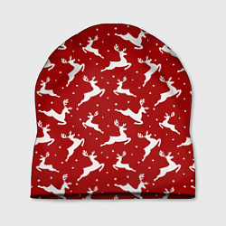 Шапка Красный паттерн с новогодними оленями, цвет: 3D-принт
