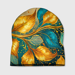 Шапка Листья абстрактные золото и бирюза, цвет: 3D-принт
