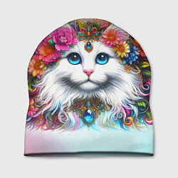 Шапка Белый кот с голубыми глазами в цветах, цвет: 3D-принт
