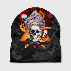 Шапка Череп в кокошнике на фоне матрёшек и балалаек