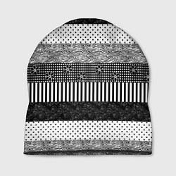 Шапка Черно белый полосатый узор из лоскутов, цвет: 3D-принт