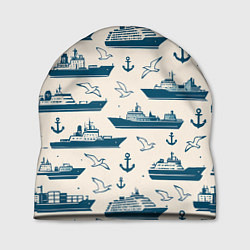 Шапка Морской паттерн из чаек, якорей и кораблей
