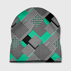 Шапка Черно бирюзовая абстрактная геометрия пэчворк, цвет: 3D-принт