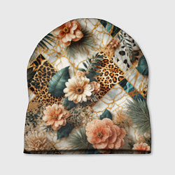 Шапка Цветы на кусках мрамора и леопардовом узоре
