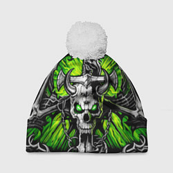 Шапка с помпоном Рогатый череп с мечом, цвет: 3D-белый