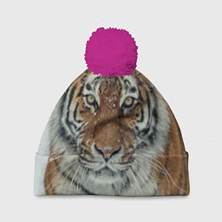 Шапка с помпоном Тигр в снегу, цвет: 3D-малиновый