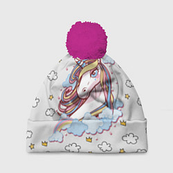 Шапка с помпоном Единорог на облаках, цвет: 3D-малиновый