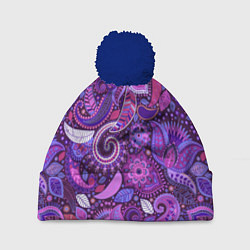 Шапка с помпоном Фиолетовый этнический дудлинг, цвет: 3D-тёмно-синий