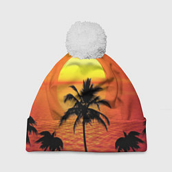 Шапка с помпоном Пальмы на фоне моря, цвет: 3D-белый