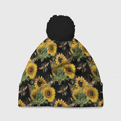 Шапка с помпоном Fashion Sunflowers and bees, цвет: 3D-черный
