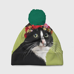 Шапка с помпоном Кот и цветы, цвет: 3D-зеленый