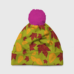 Шапка с помпоном Осенние листья клён и дуб, цвет: 3D-малиновый