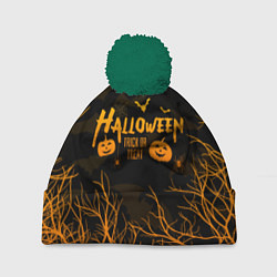 Шапка с помпоном HALLOWEEN FOREST BATS ЛЕТУЧИЕ МЫШИ В ЛЕСУ ХЕЛЛОУИН, цвет: 3D-зеленый
