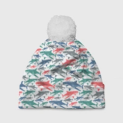 Шапка с помпоном Разноцветные Акулы, цвет: 3D-белый
