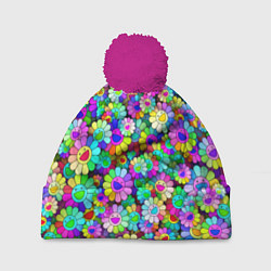 Шапка с помпоном Rainbow flowers, цвет: 3D-малиновый