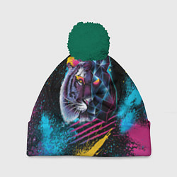 Шапка с помпоном Забрызганный тигр, цвет: 3D-зеленый