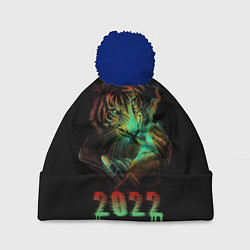 Шапка с помпоном Тигр 2022, цвет: 3D-тёмно-синий