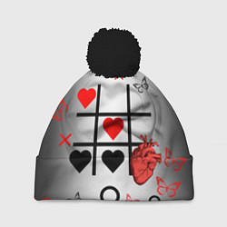 Шапка с помпоном Крестики нолики сердцами, цвет: 3D-черный