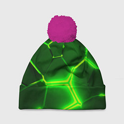Шапка с помпоном 3D ПЛИТЫ НЕОН NEON GREEN HEXAGON РАЗЛОМ, цвет: 3D-малиновый