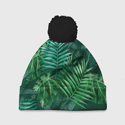 Шапка с помпоном Tropical plants pattern, цвет: 3D-черный