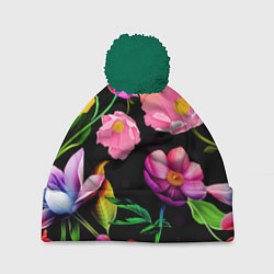 Шапка с помпоном Цветочный узор Floral pattern, цвет: 3D-зеленый