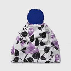 Шапка с помпоном Распустившиеся фиолетовые цветы, цвет: 3D-тёмно-синий