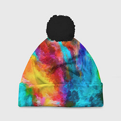 Шапка с помпоном Цветные всплески Экспрессионизм Абстракция Color S, цвет: 3D-черный