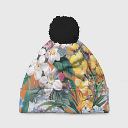 Шапка с помпоном Цветы Красочный Лакфиоль, цвет: 3D-черный