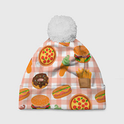 Шапка с помпоном PIZZA DONUT BURGER FRIES ICE CREAM pattern, цвет: 3D-белый