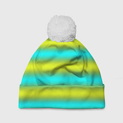 Шапка с помпоном Бирюзово-желтые неоновые полосы, цвет: 3D-белый