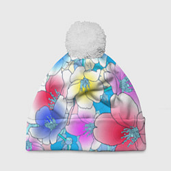 Шапка с помпоном Летний цветочный паттерн Fashion trend 2025, цвет: 3D-белый