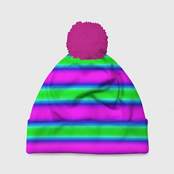 Шапка с помпоном Зеленый и фиолетовые яркие неоновые полосы striped, цвет: 3D-малиновый