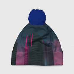 Шапка с помпоном Неоновые небоскрёбы - Розовый, цвет: 3D-тёмно-синий