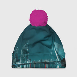 Шапка с помпоном Неоновый мост и город - Светло-синий, цвет: 3D-малиновый