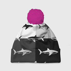 Шапка с помпоном Стая акул - pattern, цвет: 3D-малиновый