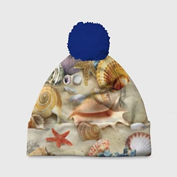 Шапка с помпоном Морские раковины, кораллы, морские звёзды на песке, цвет: 3D-тёмно-синий