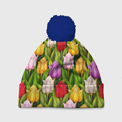 Шапка с помпоном Объемные разноцветные тюльпаны, цвет: 3D-тёмно-синий
