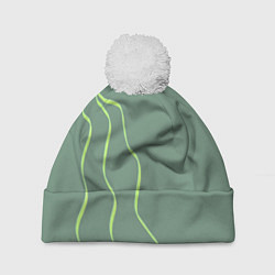 Шапка с помпоном Абстрактные зеленые линии на фоне цвета хаки, цвет: 3D-белый