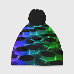 Шапка с помпоном Неоновые шестиугольники, цвет: 3D-черный