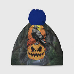 Шапка с помпоном Ворон, сидящий на тыкве - Halloween, цвет: 3D-тёмно-синий
