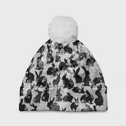Шапка с помпоном Черные новогодние кролики, цвет: 3D-белый