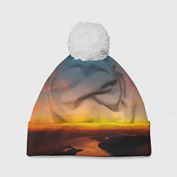 Шапка с помпоном Горная река на фоне заката, цвет: 3D-белый