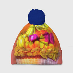 Шапка с помпоном Спелые фрукты и овощи в плетеной корзине, цвет: 3D-тёмно-синий